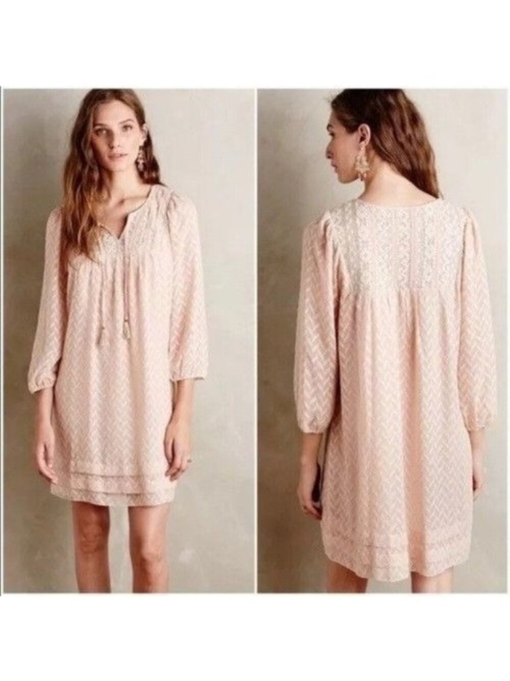 Anthro One September Anwen Pink Peasant Dress M Tassel Chevron Pattern Lace Boho